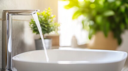 Poster - Close-up of a chrome faucet pouring water into a modern white ceramic sink, with blurred greenery in the background, suggesting a clean and refreshing bathroom setting. : Generative AI