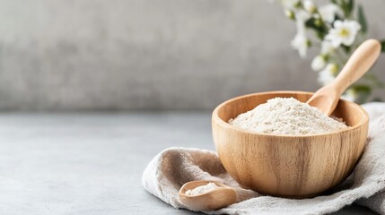Poster - Wooden bowl filled with white oat flour, a wooden spoon rests beside it on a linen cloth, with blurred white flowers in the background. : Generative AI