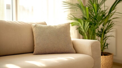 Aufkleber - Beige textured cushion rests on a light beige sofa, bathed in sunlight near a potted palm plant.  The scene evokes a calm, minimalist home interior. : Generative AI