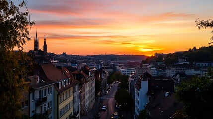 Poster - Sunset cityscape view over Freiburg, Germany, showcasing a vibrant orange sky, city buildings, and the silhouette of Freiburg Minster church towers. : Generative AI