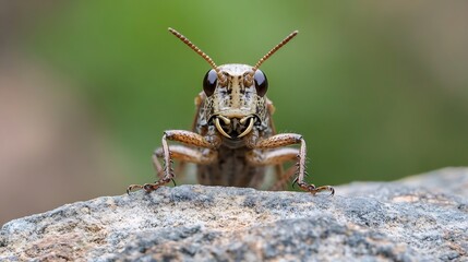 Poster - Close-up view of a speckled grasshopper perched on a gray rock, its large eyes and powerful legs visible against a blurred green background. : Generative AI