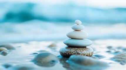 Poster - Serene Stack of Smooth, White Stones Balanced on a Brown Pebble Near Calm Ocean Water, Evoking Tranquility and Zen. : Generative AI