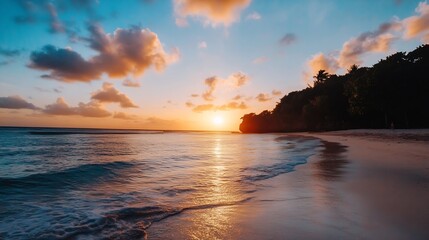 Poster - Serene sunset over a tropical beach, the sun dipping below the horizon, casting a warm golden glow on the ocean waves and sandy shore, silhouetted palm trees and lush vegetation line t : Generative AI