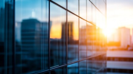 Poster - Modern glass building facade reflecting sunset cityscape, showcasing architectural details and urban environment at golden hour. : Generative AI
