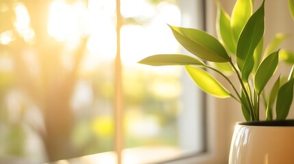 Poster - Close-up of vibrant green leaves of a houseplant in a white pot, bathed in warm sunlight streaming through a window. : Generative AI
