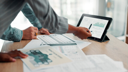 Aufkleber - Collaboration, data and tablet screen with business people closeup in office for annual report. Documents, finance and infographic with employee team in workplace for feedback, review or statistics