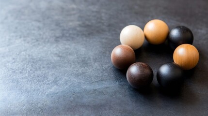 Aufkleber - Seven wooden spheres arranged in a circle on a dark gray surface, showcasing variations in wood tones from light beige to dark brown and black. : Generative AI