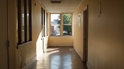 Aufkleber - Sunlit hallway in an old building with peeling paint and a view of a street through a window, showing signs of age and neglect. : Generative AI
