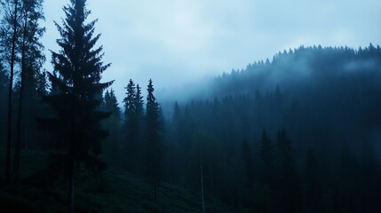 Aufkleber - Mysterious, dark blue fog shrouds a dense coniferous forest, creating an atmospheric, serene, and slightly eerie scene at dawn or dusk. : Generative AI