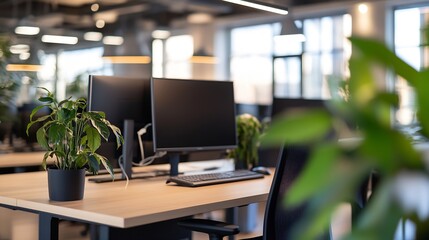 Poster - Modern office workspace with two computers, potted plants, and a comfortable ergonomic chair, creating a calm and productive atmosphere. : Generative AI