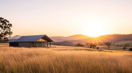 Aufkleber - Modern house with large windows sits in a field of tall golden grass at sunset, mountains in the background. : Generative AI