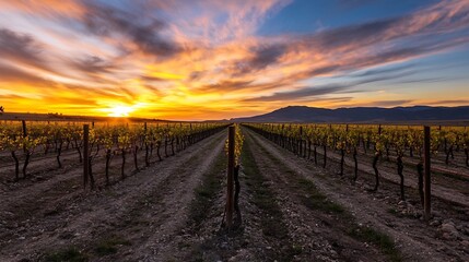 Aufkleber - Vineyard Rows at Sunset, Dramatic Sky Over Rolling Hills and Grapevines : Generative AI