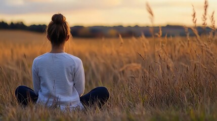 Aufkleber - Woman meditates in tall grass at sunset, enjoying peaceful solitude and golden hour light.  Back view, serene atmosphere. : Generative AI