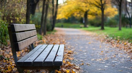 Poster - Empty wooden park bench sits beside a path strewn with autumn leaves, offering a tranquil autumnal scene in a park setting. : Generative AI