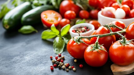 Aufkleber - Fresh vine-ripened tomatoes, zucchini, basil, and peppercorns arranged on a dark surface, suggesting a healthy and flavorful culinary experience. : Generative AI