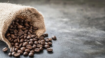 Aufkleber - Roasted coffee beans spilling from a burlap sack onto a dark gray textured surface, creating a rich and aromatic visual. : Generative AI