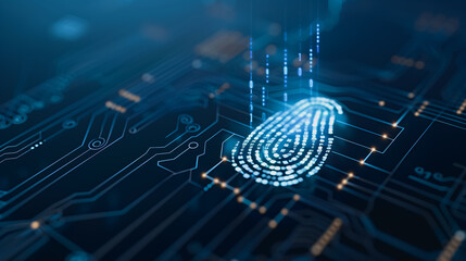 Wall Mural - digital fingerprint security: a glowing, futuristic fingerprint on a circuit board, representing sec