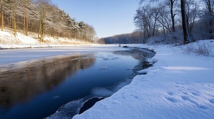Aufkleber - Serene winter landscape: partially frozen river flows through snow-covered forest under a clear blue sky, reflecting trees and ice in its dark water. : Generative AI