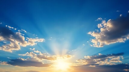 Aufkleber - Stunning sunset scene with sun rays bursting through fluffy cumulus clouds, painting the sky in vibrant hues of orange, yellow, and blue. : Generative AI