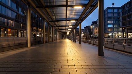 Poster - Empty urban walkway at dusk, illuminated by warm artificial light under a modern glass canopy, flanked by sleek glass buildings and metal pillars. : Generative AI