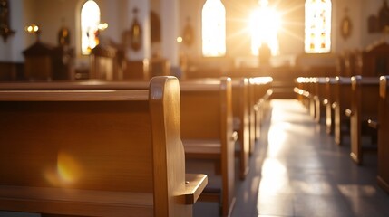 Poster - Sunlit church pews in a serene, peaceful atmosphere, offering a sense of calm and spiritual reflection.  The warm golden light streams through stained-glass windows, illuminating the w : Generative AI