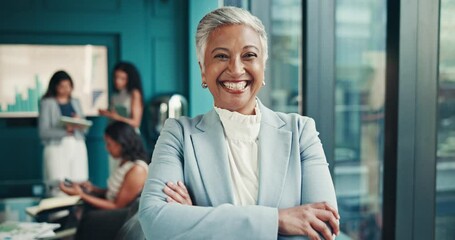 Poster - Mature business woman, arms crossed and smile at office, meeting or face for career at accounting job. Person, leader and happy in portrait, pride and excited in corporate boardroom at finance agency