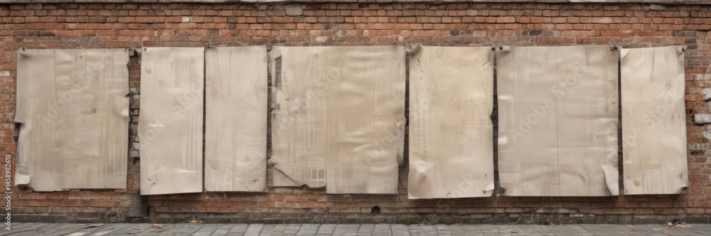 Multiple glued paper posters on a weathered urban wall Different sizes ...