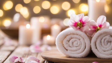 Aufkleber - Spa treatment scene with rolled white towels adorned with pink flowers, candles and soft bokeh lights in the background, creating a relaxing and serene atmosphere. : Generative AI