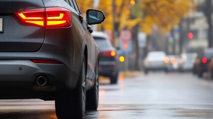 Poster - Rear view of a dark gray SUV stopped in traffic on a rainy autumn day, with blurred background of city street and yellow leaves. : Generative AI