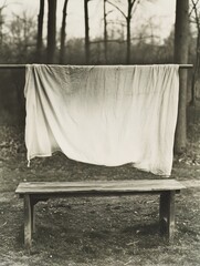 Leinwandbilder - A weathered wooden bench sits beneath a sheet of fabric hanging from a rustic bar, set against a backdrop of a blurred, monochromatic forest. : Generative AI