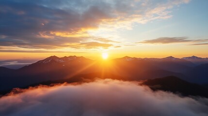 Poster - Majestic sunset over a mountain range, with golden light illuminating the peaks and clouds below, creating a breathtaking landscape scene. : Generative AI