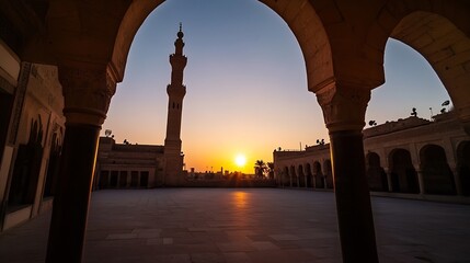 Fototapete - Sunrise illuminates the courtyard of a historic mosque, its minaret silhouetted against the vibrant dawn sky, framed by ancient arches and columns. : Generative AI