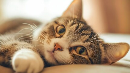 Aufkleber - Close-up portrait of a tabby cat resting peacefully on a soft surface, its amber eyes gleaming softly in the warm light. : Generative AI