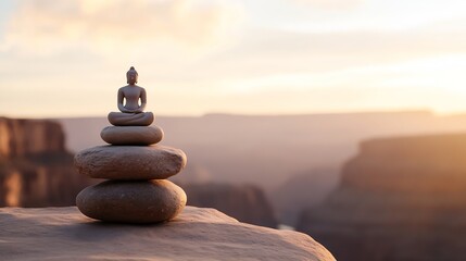 Aufkleber - Serene buddha statue meditates atop a balanced rock cairn, overlooking a breathtaking sunset canyon landscape. : Generative AI