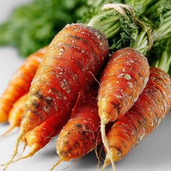 Aufkleber - A bunch of fresh carrots, still with their green tops, glistening with water droplets, sits on a white surface.  The carrots are vibrant orange and appear to be freshly harvested.