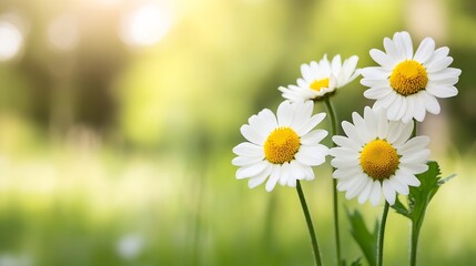 Aufkleber - Close-up of three white daisies with yellow centers, blooming in a sunlit green meadow.  Soft focus background enhances the delicate beauty of the wildflowers. : Generative AI