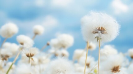 Poster - Close-up view of fluffy white dandelion seed heads against a bright blue sky, creating a serene and peaceful natural scene. : Generative AI
