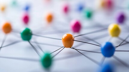 Aufkleber - Abstract network visualization: colorful spheres interconnected by thin black lines, suggesting communication, collaboration, or data flow.  A central orange sphere highlights a key co : Generative AI