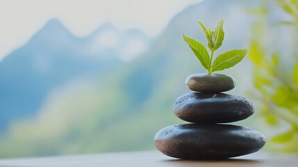 Poster - Serene Stack of Black Stones with a Small Green Plant Sprouting on Top, Set Against a Blurred Mountain Background. : Generative AI