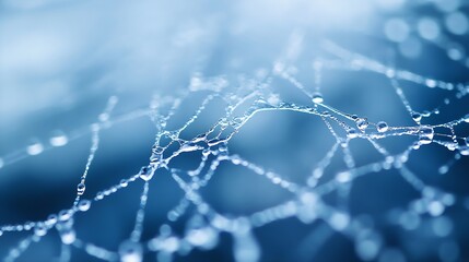 Poster - Close-up view of a spiderweb glistening with morning dew, showcasing intricate details and a cool blue color palette. The water droplets cling to the delicate threads, creating a mesme : Generative AI