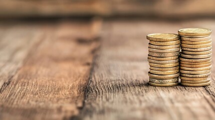 Fototapete - Two stacks of gold coins sit side-by-side on a rustic wooden surface, suggesting financial growth or savings. : Generative AI