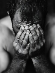 Poster - Close-up monochrome portrait of a man's face obscured by his hands, showing sweat and visible skin texture, conveying feelings of despair or exhaustion. : Generative AI