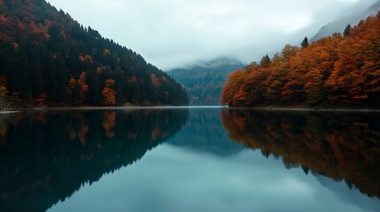 Poster - Serene autumn lake reflecting colorful foliage and misty mountains, creating a picturesque landscape ideal for nature lovers and peaceful backgrounds. : Generative AI