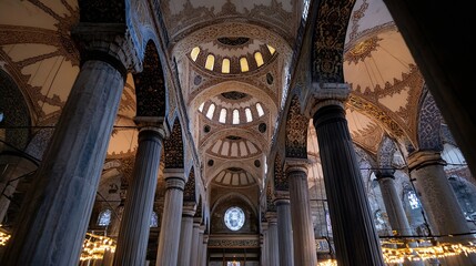 Aufkleber - Interior view of a grand mosque showcasing intricate domes, arches, and marble columns, illuminated by soft light filtering through stained-glass windows. : Generative AI
