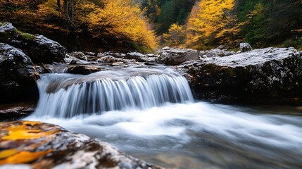 Poster - Serene waterfall cascading over rocks in an autumnal forest, golden leaves reflecting in the flowing water, creating a tranquil and picturesque scene. : Generative AI