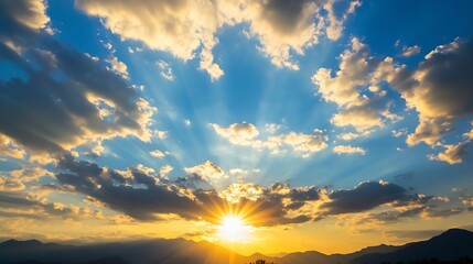 Poster - Majestic sunset over mountain range, vibrant colors paint the sky with golden hues and dramatic clouds, sun rays burst through gaps in the cloudscape. : Generative AI