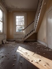 Aufkleber - Sunlit interior of an abandoned house, showcasing a decaying wooden staircase and peeling paint on the walls and floor, creating a scene of neglect and ruin. : Generative AI