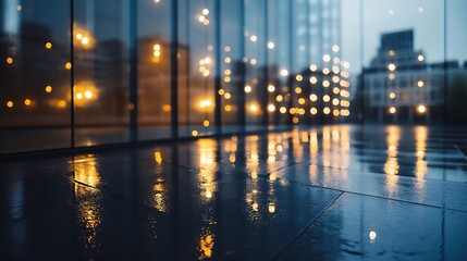 Aufkleber - Rainy night city reflections on wet pavement, showcasing blurred city lights and building silhouettes in a modern urban setting. : Generative AI