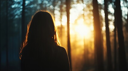 Poster - Silhouette of a woman with long hair standing in a sunlit forest, golden hour light filtering through the trees, peaceful and serene atmosphere. : Generative AI