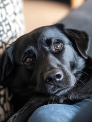 Aufkleber - Close-up portrait of a black labrador retriever dog resting its head on a person's lap, showcasing its expressive brown eyes and soft black fur. : Generative AI